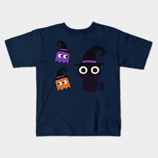 Cute Halloween Black Cat with Ghosts Kids T-Shirt